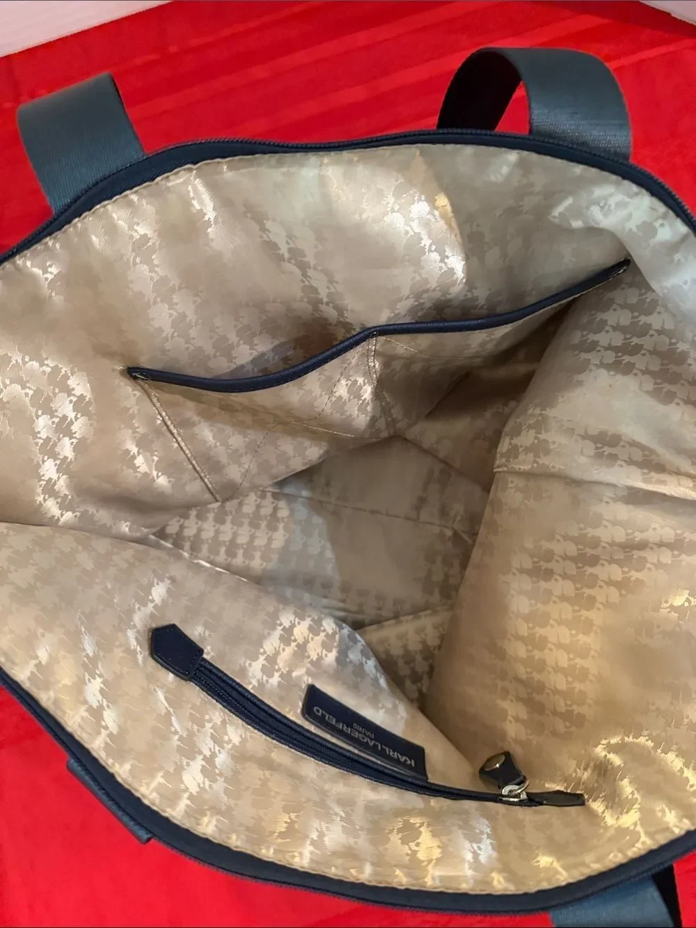 Karl Lagerfeld Navy Tote with Floral Appliqués & Inside Pockets